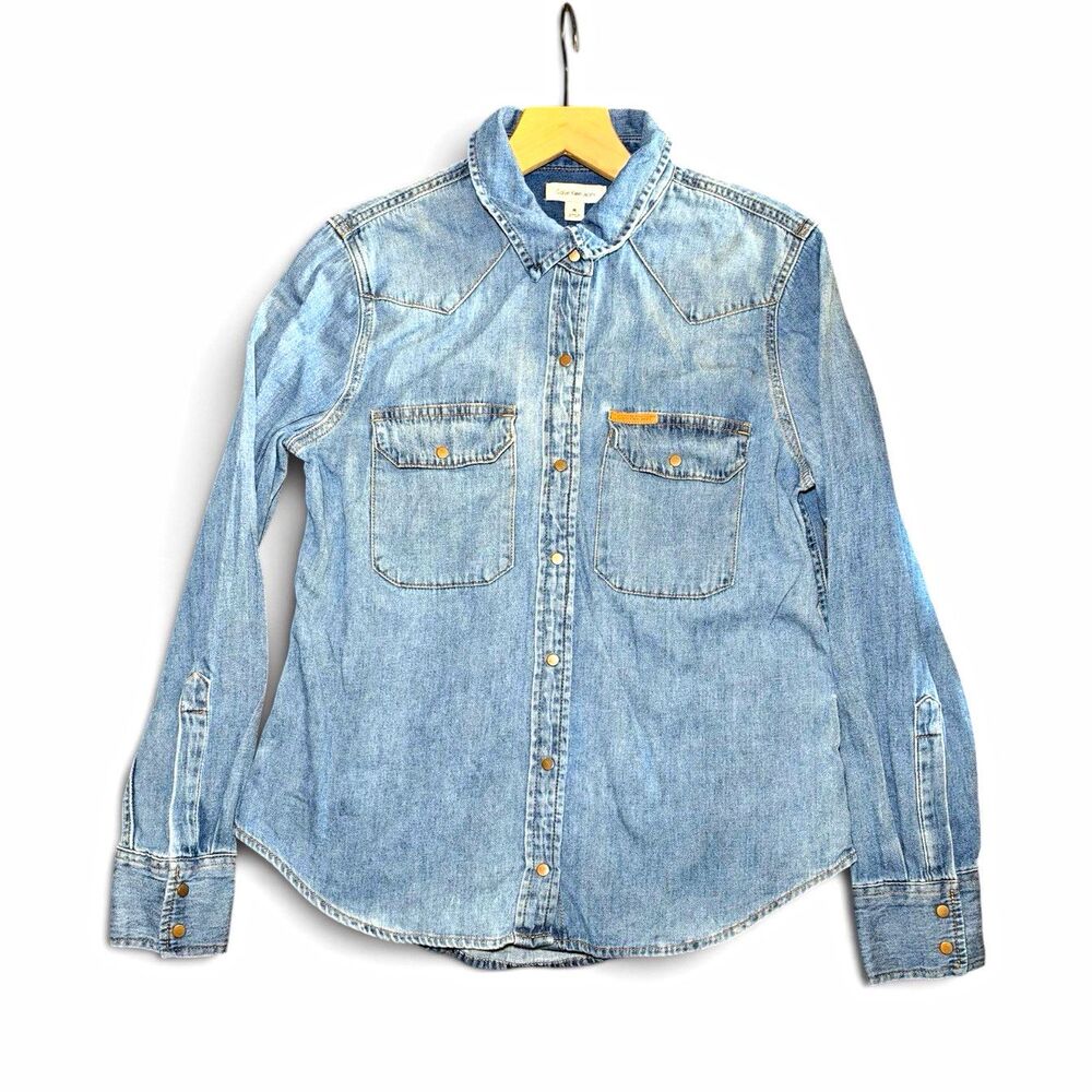 Calvin Klein Denim Button-Up Shirt Women's Medium Western Farmhouse Overshirt